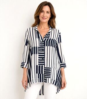 Lior Paris Medium Navy White Striped Tunic Top 3/4 Sleeve Geometric Pockets